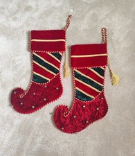 Pair of dibor luxury velvet Christmas Stocking Red Green & Gold Jingle Bells
