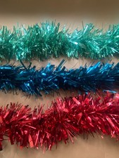 3 vintage ? tinsel strands in red, green & peacock blue VGC
