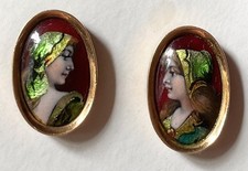 Stunning C.Faure For Limoges 18ct Gold & Enamel Portrait Earrings