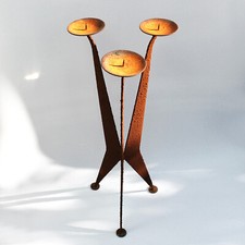 Vintage 1960-70s Brutalist rusted metal 3 arms huge floor candle holder • H 83cm