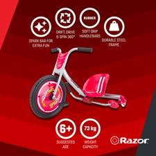 Razor Flash Rider 360 Trike for Kids Aged 6+ - Spark Bar, Dual inclined casters