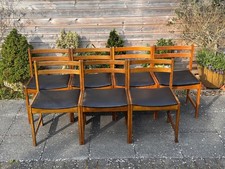 Rare set of 7 Danish mid-century dining chairs, stamped, reupholstered seats
