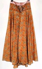 Ladies Silk Cullotte Midi Maxi Skirt Boho Orange Gold Floral Print Free Size M/L