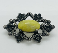 Signed Miracle Yellow Stone Silver Tone Brooch Pin Vintage Jewellery
