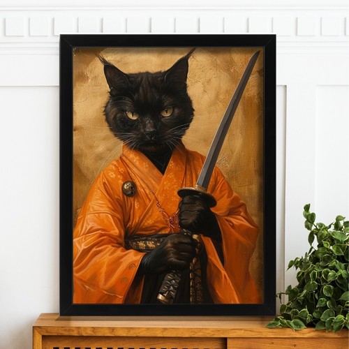 Samurai cat art print japanese - samurai,