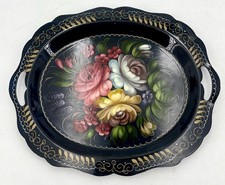 Vintage SMALL HAND PAINTED RUSSIAN METAL TRAY Floral Signed 21cm