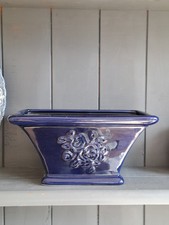 Navy Glazed Ceramic Trough Planter Raised Floral Motif Rectangular Blue Glossy