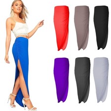 Ladies Womens Ruched Side Split Slit Long Maxi Skirt Dress Size 8-14