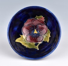 Moorcroft Pottery Blue Ground Pansy Pattern Footed Bowl by Walter Moorcroft