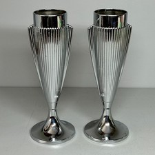 Vintage Art Deco Chrome Metal Vases Silver Colour Pair 1930s Made in England