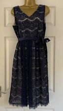 Navy Blue Elegant Feathered Hem Lace Party Cocktail Dress Nude Liner MIDI Tie 14