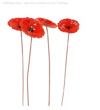 Set of 4 Primus Metal Red Poppy Flower Garden Stakes Outdoor
