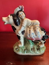 Vintage Style Staffordshire Reproduction Girl Riding a St. Bernard Dog -8"H