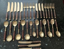 Vintage Brass And Rosewood Cutlery / Flatware 33 Pieces Retro Dining 