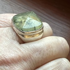 Vintage Sterling Silver Ring Pyramid Cut Moss Agate Signed GE Heavy 18g Size M