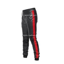 Men's Real Cowhide Leather Casual Sports Pants - Black Red Striped Trousers