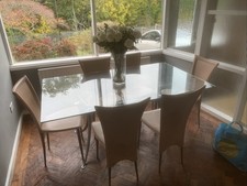 Glass Dinning Table with Hand Made Leather Chairs X6 In Pink Metal Frame VGC