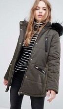 Ladies Girls Khaki Warm Quilted Parka Jacket Coat Faux Fur Hooded ex New Look