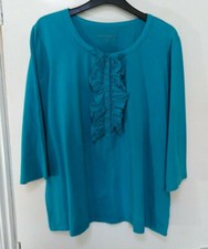 Susan Graver top Womens Turquoise cotton mix 3/4 sleeve ruffle front XL