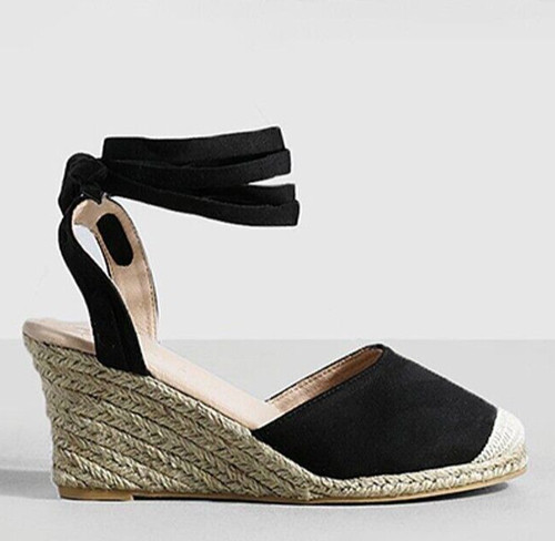 Ladies black hessian - hessian, wedges
