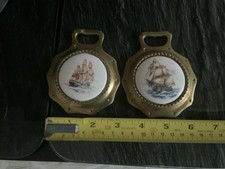 ￼Two Unusual Old horse Brasses With Ceramic Inlay Ship Design. bargain