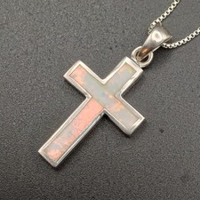 Sterling Silver 925 Cross Pendant Opal Inlay & Box Chain Necklace Marked Italy