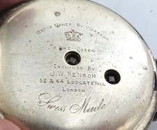 Late 1800s J W Benson, London .935 Swiss Silver Open Face Key Wind Pocket Watch.