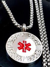 LADIES PERSONALISED SOS EMERGENCY MEDICAL ALERT STEEL 18" 30" CZ NECKLACE GIFT 
