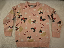 Lily & Dan Christmas Jumper Aged 7-8 Years Pink, Christmas Pudding, Holly, Cane