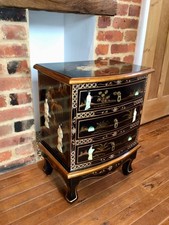 Oriental Chinese Black Lacquer Mother of Pearl Bedside Table / Chest of Drawers