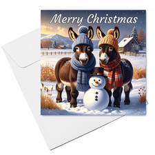 Donkey Christmas Card  (15cm x 15cm) With Envelope, Donkeys & Snowman