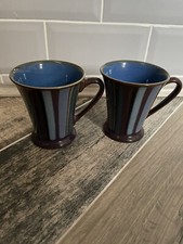 2 x DENBY STRIPED STRIPE PLUM BLUE GREY GATSBY FOOTED MUGS MUG EX CONDITION