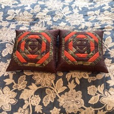 2x Vintage Brown & Orange Thai Silk Patchwork Zipped Cushions 40cmx40cm