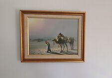 Vintage CAMELS CARAVAN DESERT ORIGINAL OIL PAINTING STATEMENT ARTWORK Singed