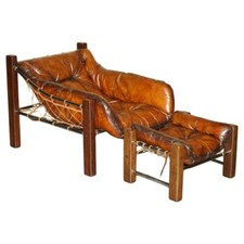 RESTORED 1960 JEAN GILLON BROWN LEATHER BRAZILIAN ROSEWOOD ARMCHAIR & OTTOMAN