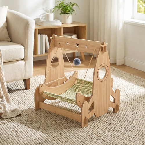 Rocket shaped wooden cat - wooden,