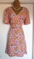 Vintage 1940s Style Pink Lemon Floral Skater Dress Size UK 12 to 14
