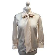 Hawes & Curtis Pussy Bow Silk Satin Blouse Cream Top UK Women's Size M 10