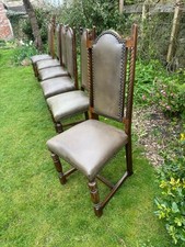 6 Jaycee Antique Reproduction Oak Dining Chairs With Green Leather Seats
