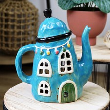 Teapot House Candle Holder Blue Ceramic Hand Painted Tea Light Home Lantern Gift