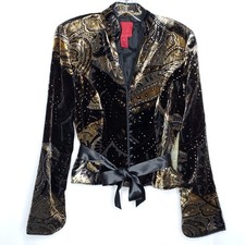 JS Collections Silk Velvet Burnout Jacket Sz 8 Black Brown Kimono Evening
