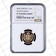 2002 Gold Proof Sovereign PF70 Ultra Cameo – Golden Jubilee Shield Reverse