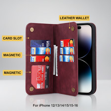 Magnetic Leather Card Holder Case for iPhone 12-16 with MagSafe Charging