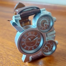 Retro Oulm Steampunk Quartz 3 Time Zone Multi Face Watch Brown Leather Strap