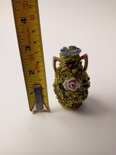 Antique German Elfinware Mossware two-handled posey vase, floral embellishments