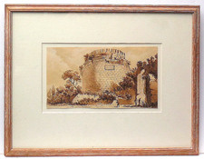 Antique C18th Old Master SEPIA PAINTING Roman Ruin Castle & Figures GRAND TOUR