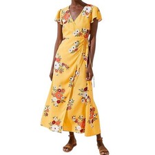LOFT Women’s Beach Tropical Floral Flowy Wrap Dress - Lemon Custard Size L