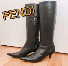 FENDI Leather Long Boots 38 Black Auth Women