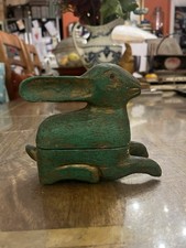 Vintage Green & Gold Wooden Carved Rabbit Hare Shaped Trinket Box