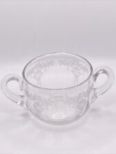 Vintage Etched Glass Two Handled Sugar Bowl Flower Pattern 